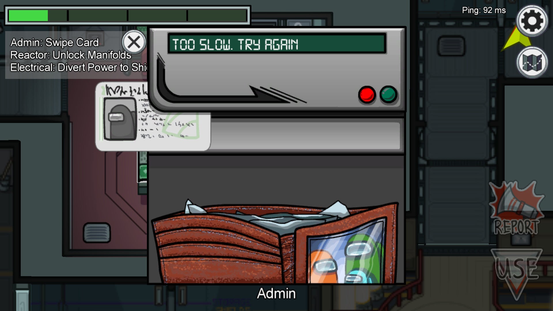 Game interface with a wallet and computer screen displaying text and icons.