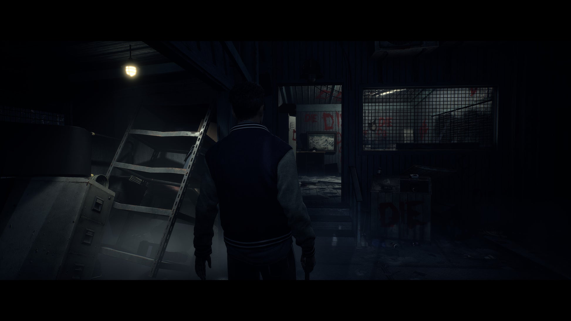 Character in a dark, industrial setting with a ladder and barred door.