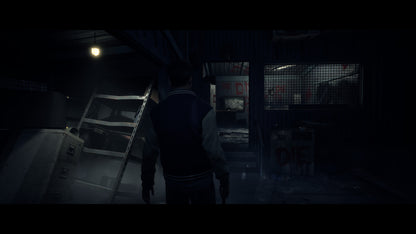 Character in a dark, industrial setting with a ladder and barred door.