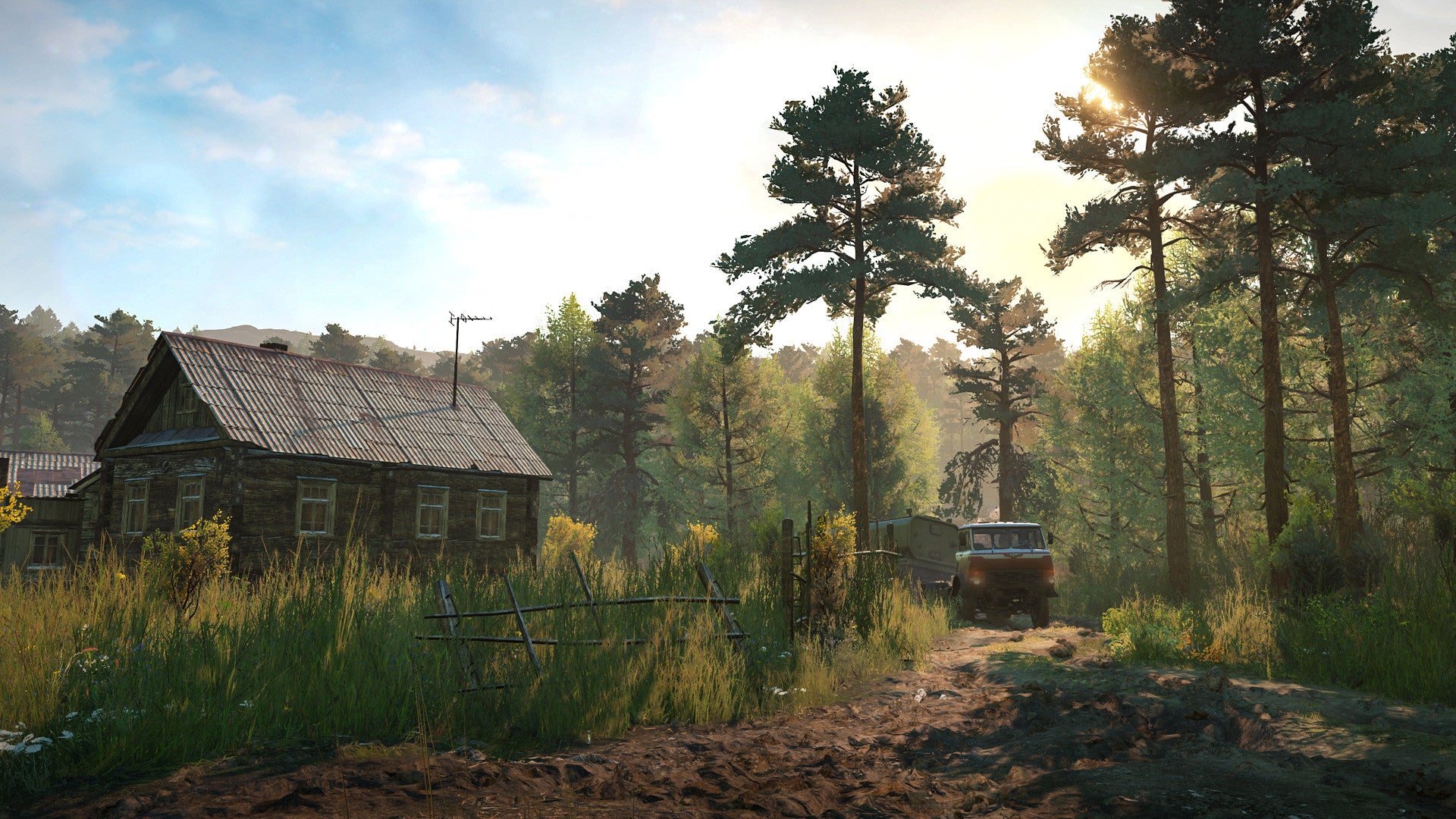 Wooden house in a forest with a truck on a dirt road