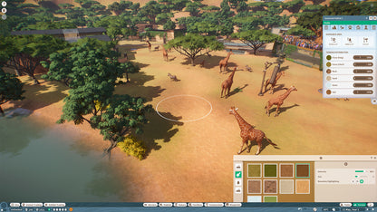 Giraffes in a virtual zoo simulation with interface elements on a computer screen.