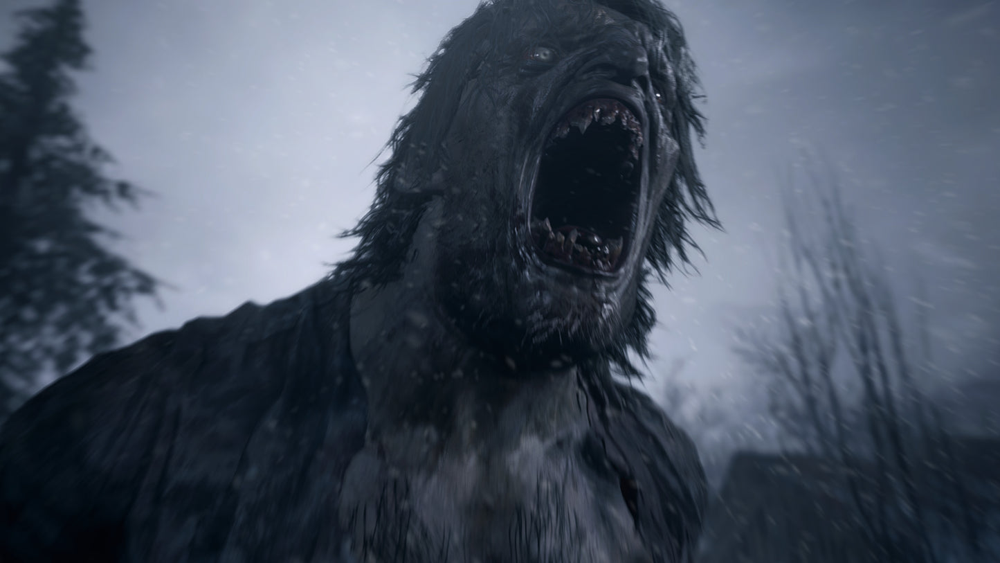 Monster with open mouth and sharp teeth in a dark, forested setting