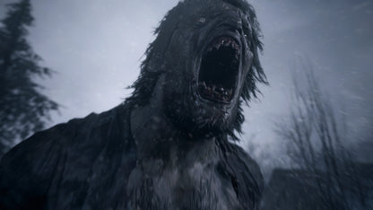Monster with open mouth and sharp teeth in a dark, forested setting