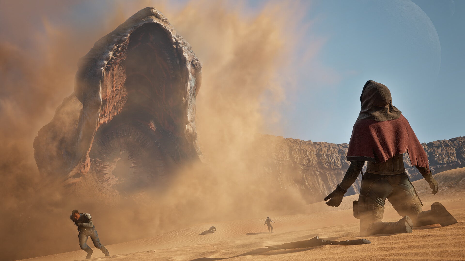 Two people in a desert landscape with a large creature in the background