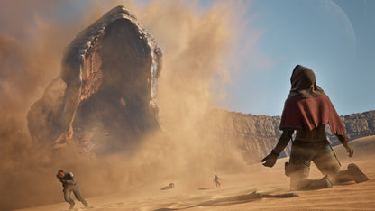 Two people in a desert landscape with a large creature in the background