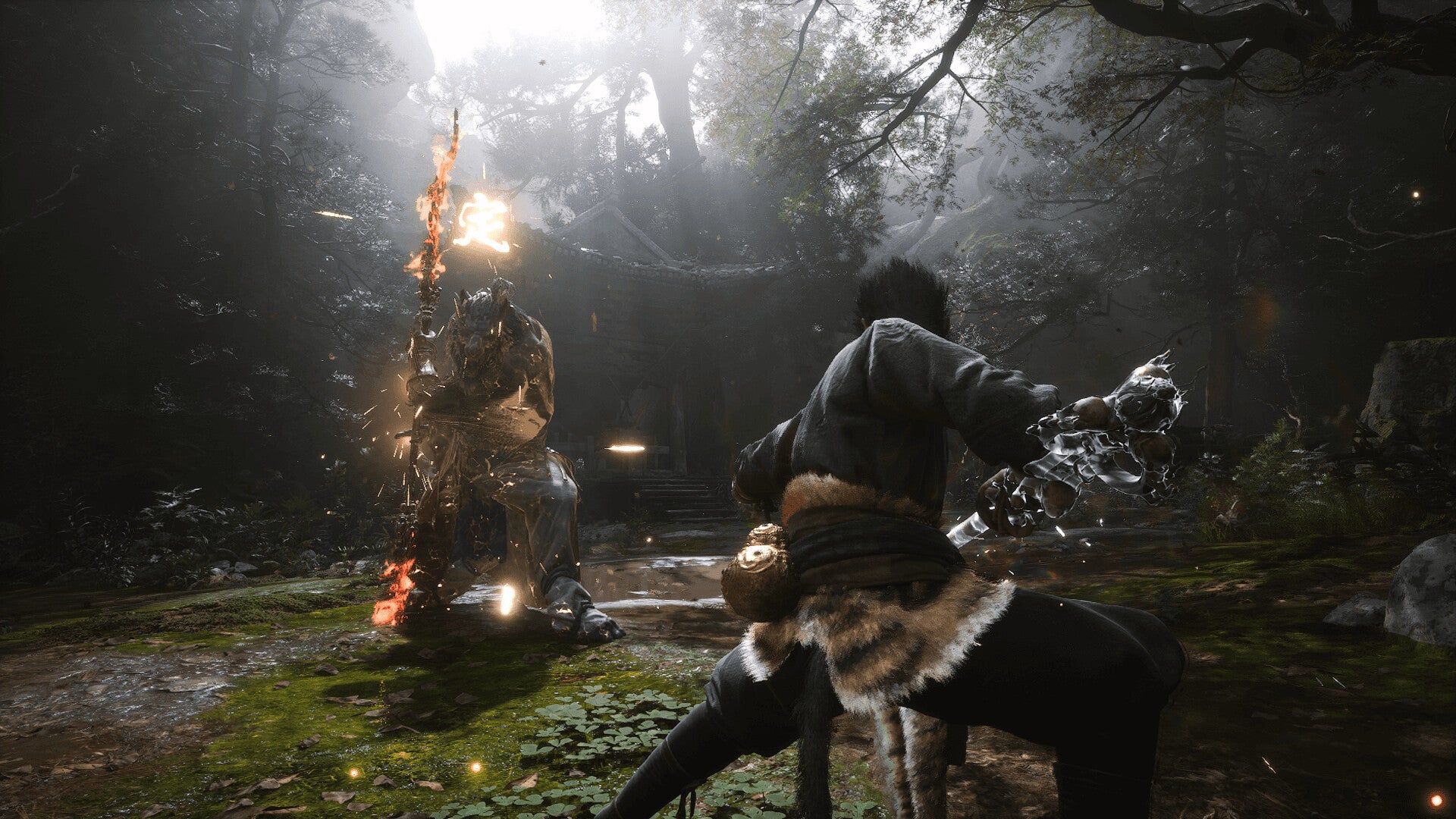 Character in a dark forest with a glowing object and creature in the background