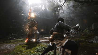 Character in a dark forest with a glowing object and creature in the background
