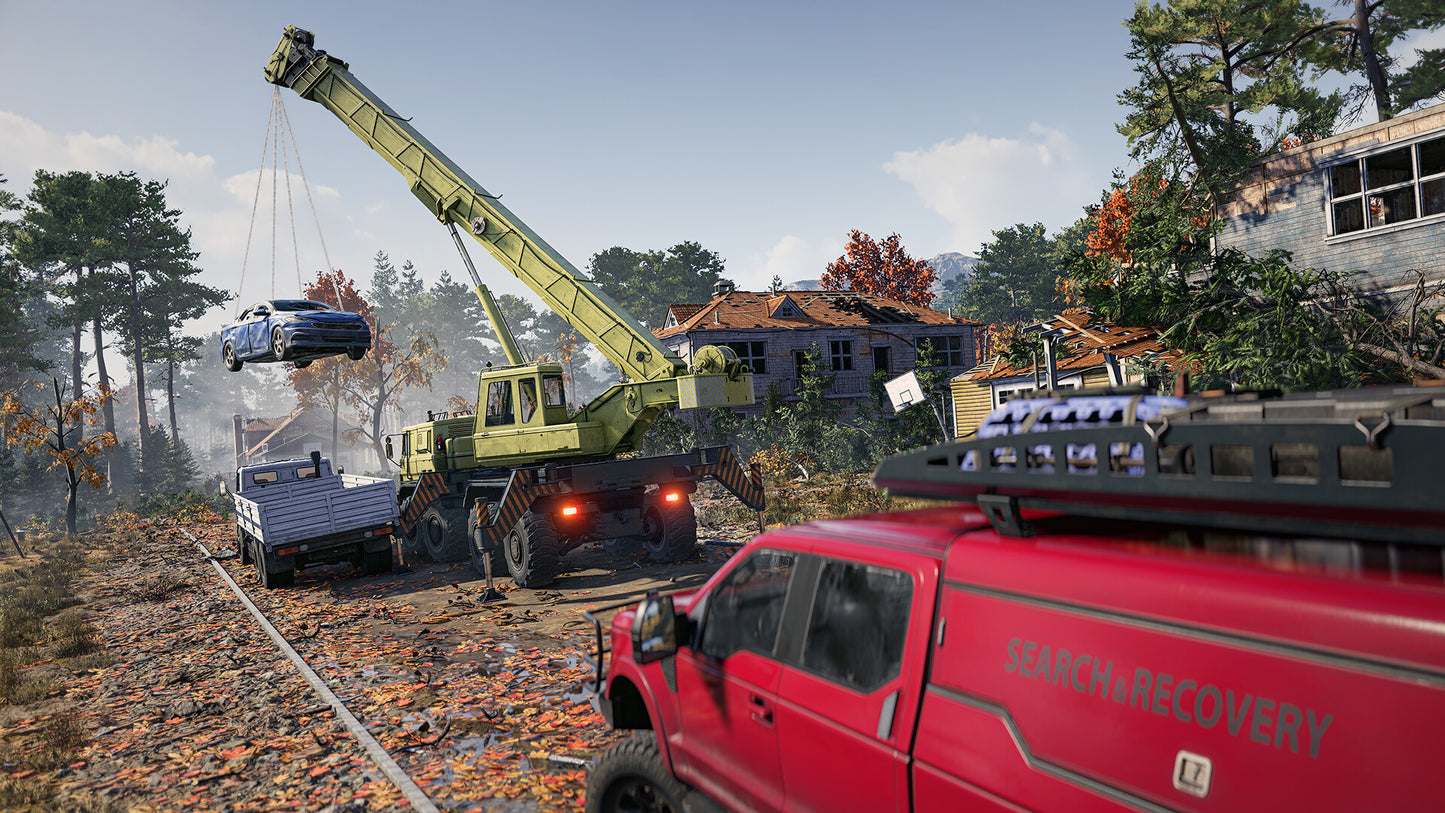 Scene with a crane, truck, and red vehicle labeled 'Search & Recovery' in an outdoor setting.