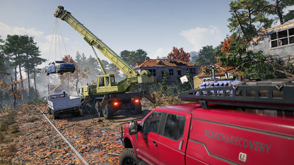 Scene with a crane, truck, and red vehicle labeled 'Search & Recovery' in an outdoor setting.