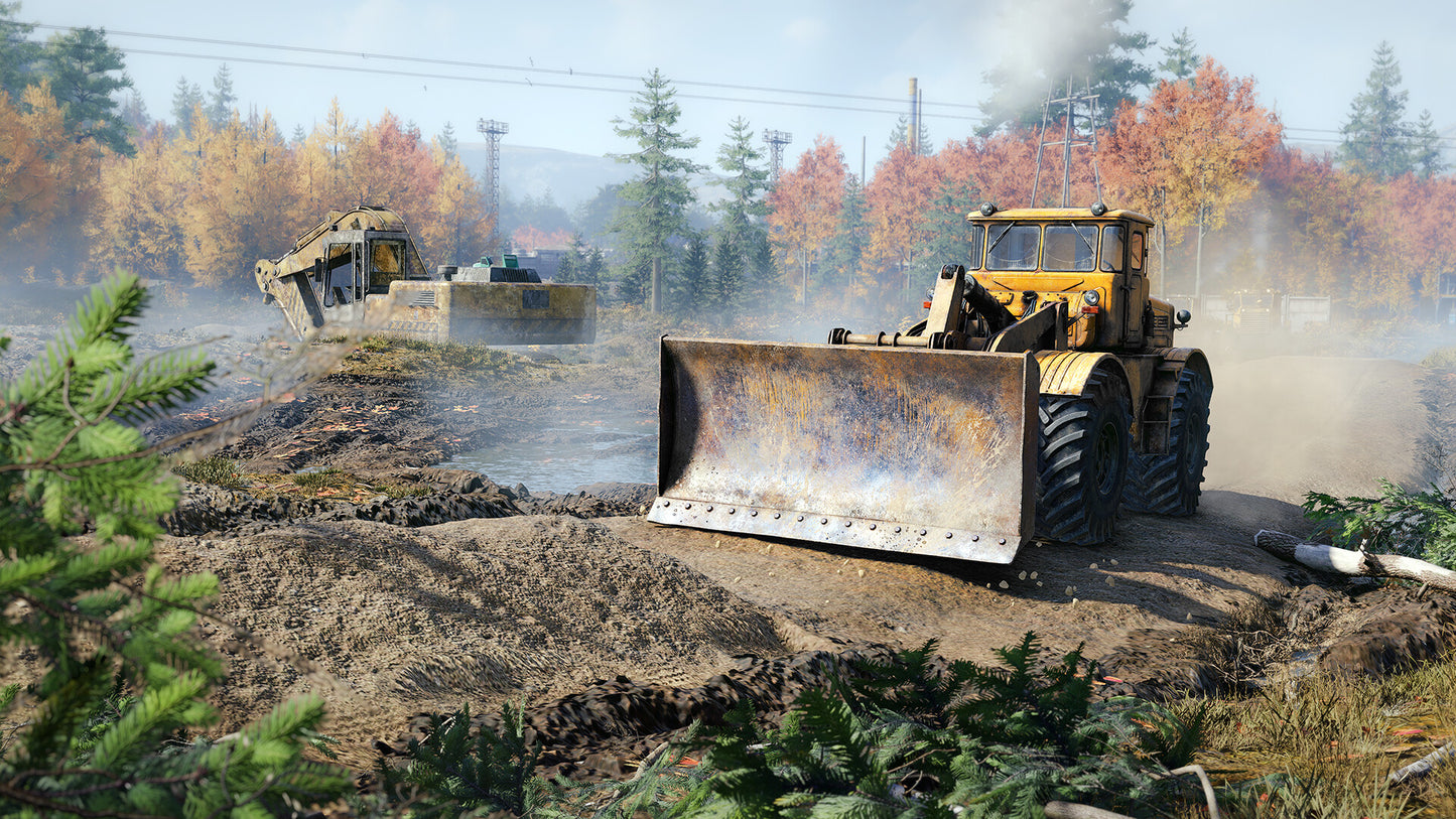 Construction scene with bulldozer in an autumnal landscape