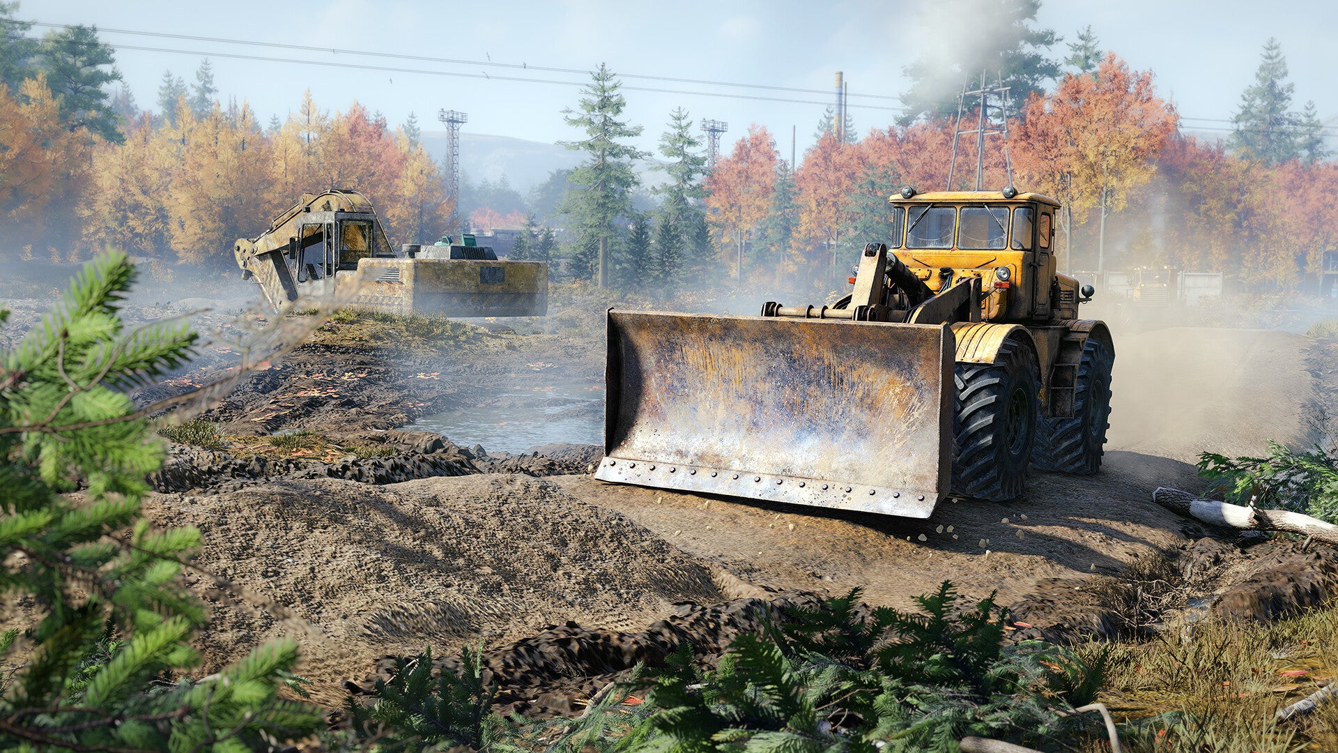 Construction scene with bulldozer in an autumnal landscape