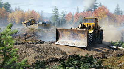 Construction scene with bulldozer in an autumnal landscape