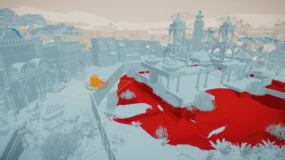 Artistic depiction of a cityscape with a red river and blue buildings