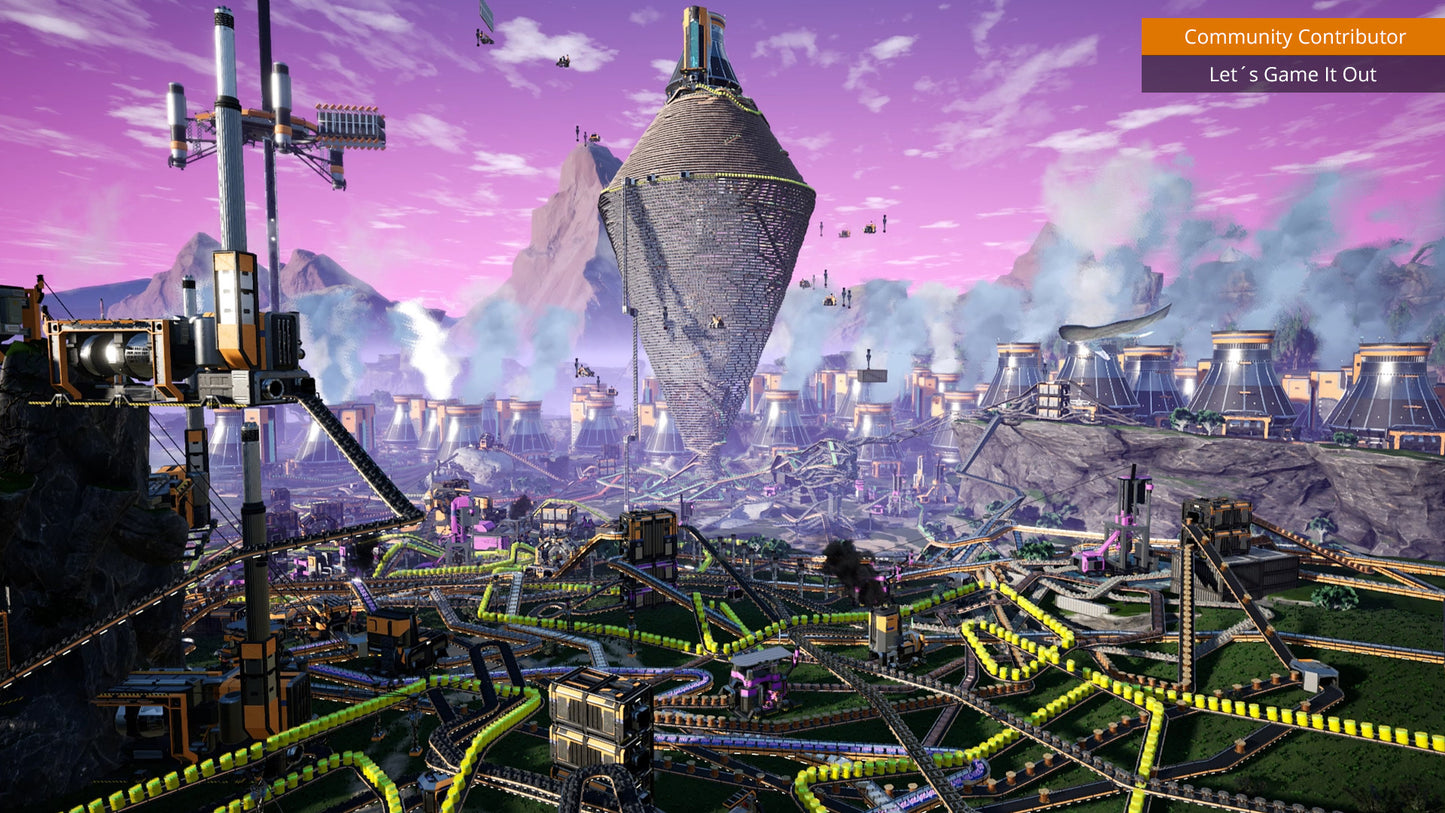 Futuristic cityscape with towering structures and a pink sky