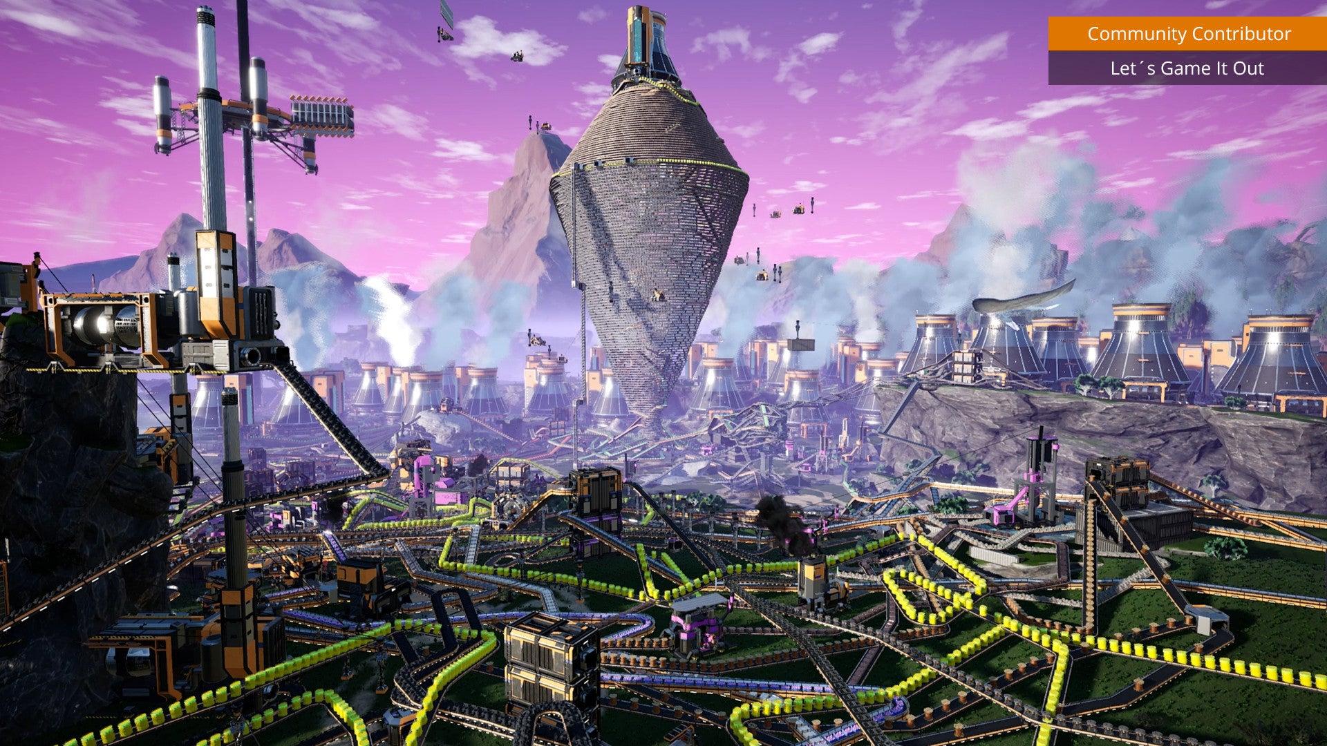 Futuristic cityscape with towering structures and a pink sky