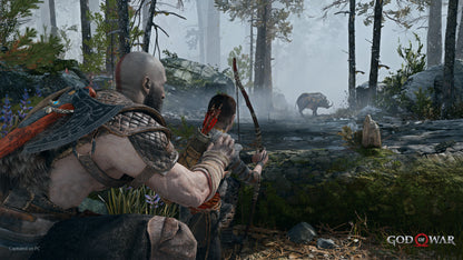 Character in a forest setting with a bear in the background, from the 'God of War' series.