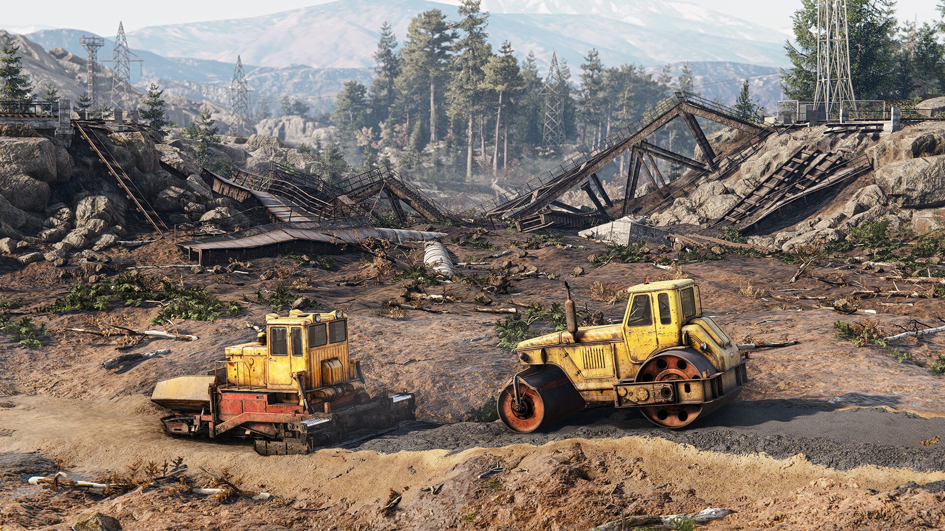 Two yellow construction vehicles on a dirt road with a destroyed bridge and forest in the background.