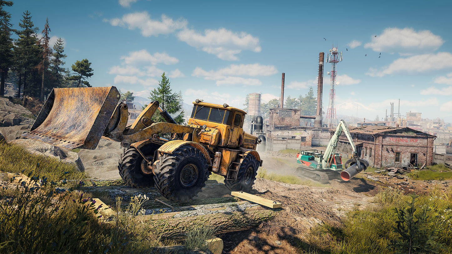 Yellow bulldozer in a post-apocalyptic setting with industrial structures and trees.
