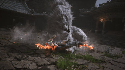 Monster-like creature with glowing eyes and fiery breath in a dark, stone-walled environment.
