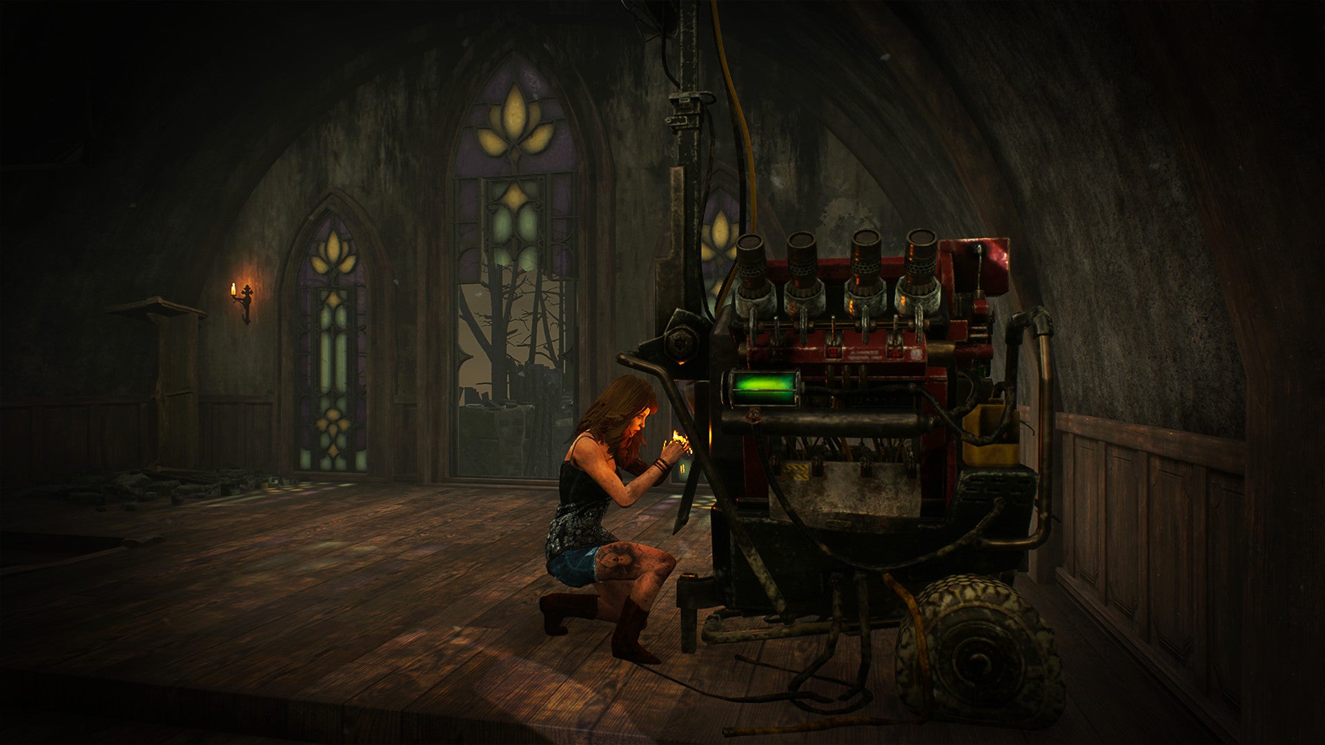 Woman kneeling in front of a large, intricate machine in a dimly lit room with stained glass windows.