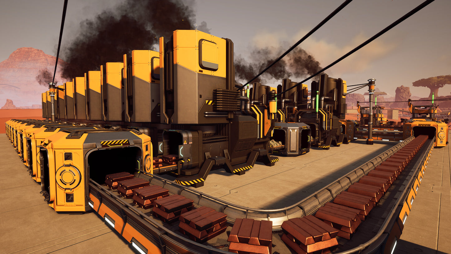 Large industrial machine with smokestacks in a desert landscape