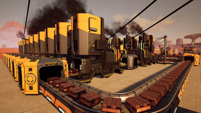 Large industrial machine with smokestacks in a desert landscape
