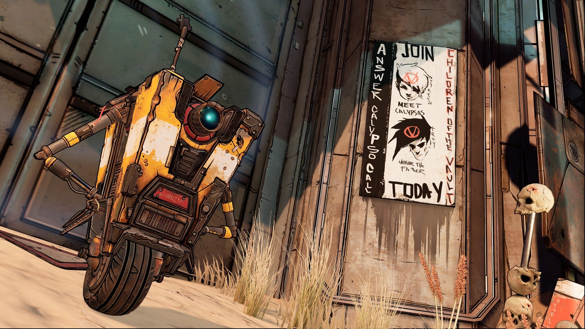 Mechanical robot in a desert-like setting with a poster on a wall.