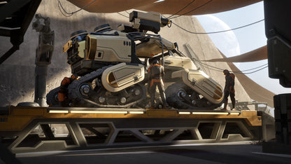 Large futuristic robot on a platform with two people in the background
