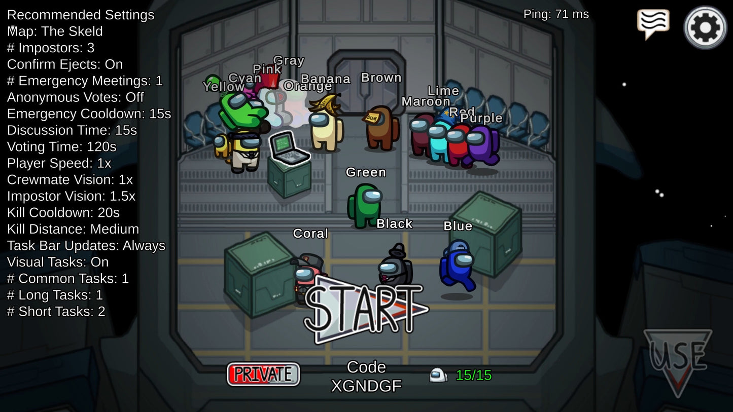 Game lobby screen with character selection for a multiplayer game, showing various avatars and settings.