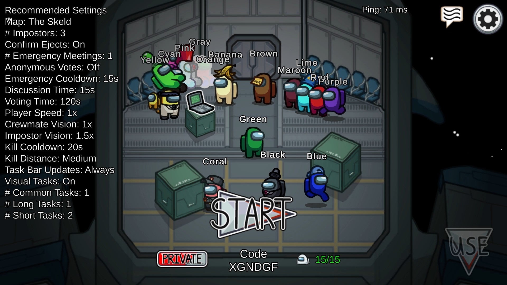 Game lobby screen with character selection for a multiplayer game, showing various avatars and settings.