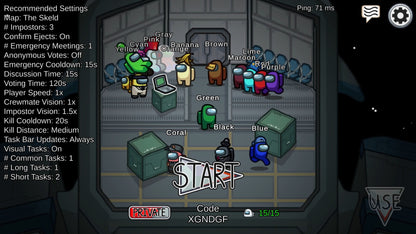 Game lobby screen with character selection for a multiplayer game, showing various avatars and settings.