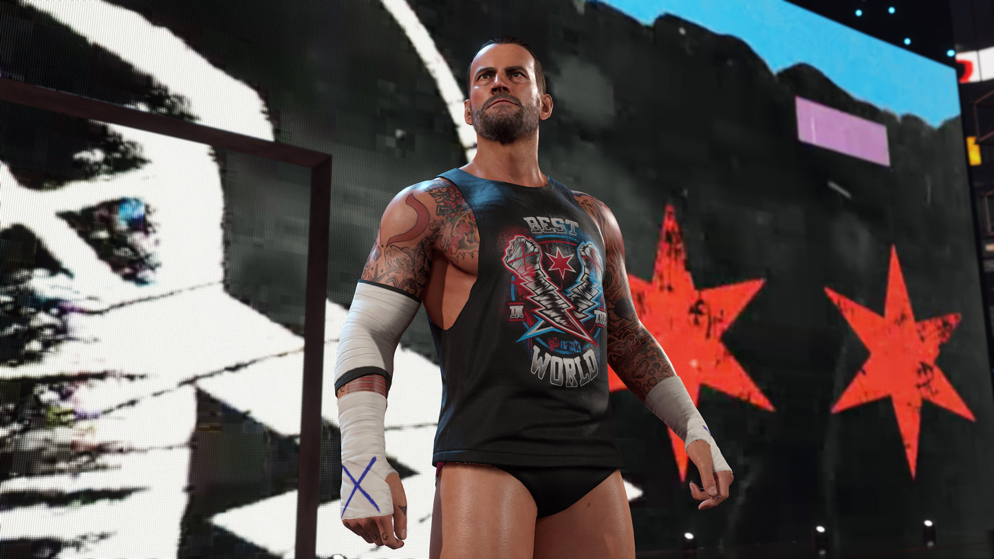 Wrestler in a dark ring with red star design