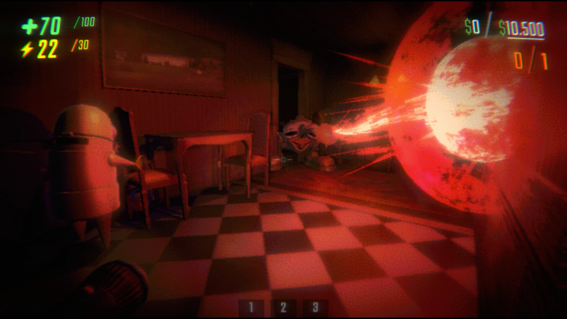 Video game scene with a character in a room, glowing red sphere, and checkered floor.