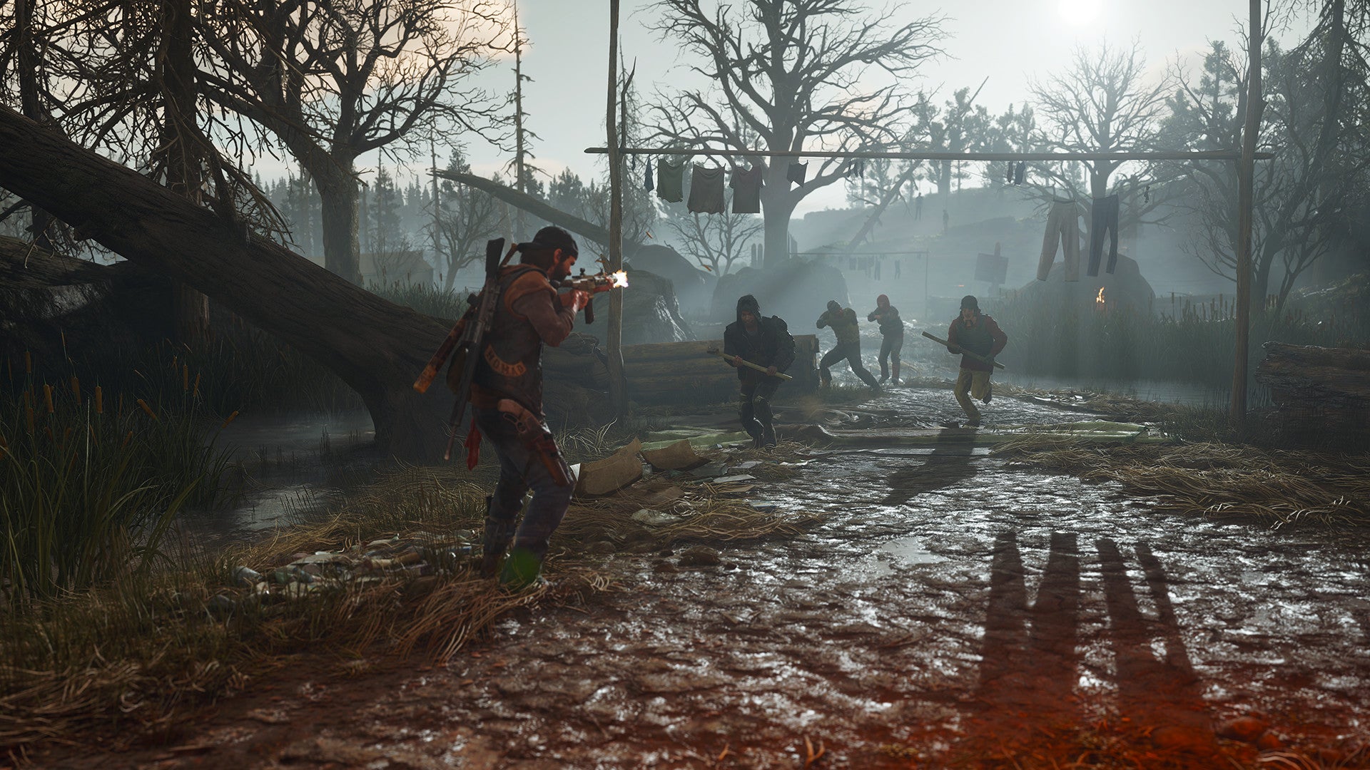 Character in a post-apocalyptic setting with a gun, surrounded by trees and ruins.
