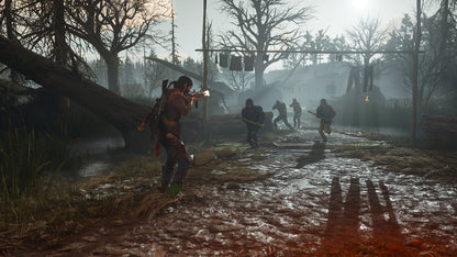 Character in a post-apocalyptic setting with a gun, surrounded by trees and ruins.