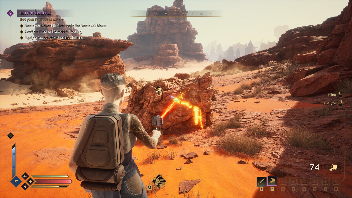 Character in a desert landscape with rocky formations and a glowing object.