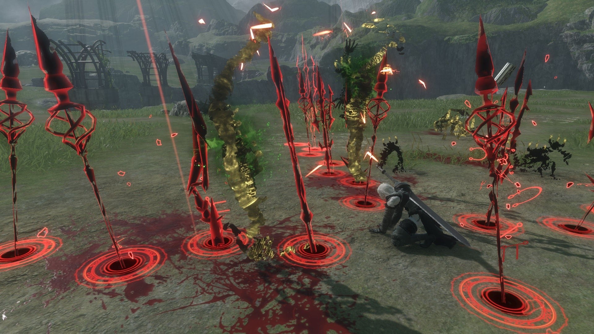 Game scene with red spiked obstacles and a character in a dark outfit on a grassy field.