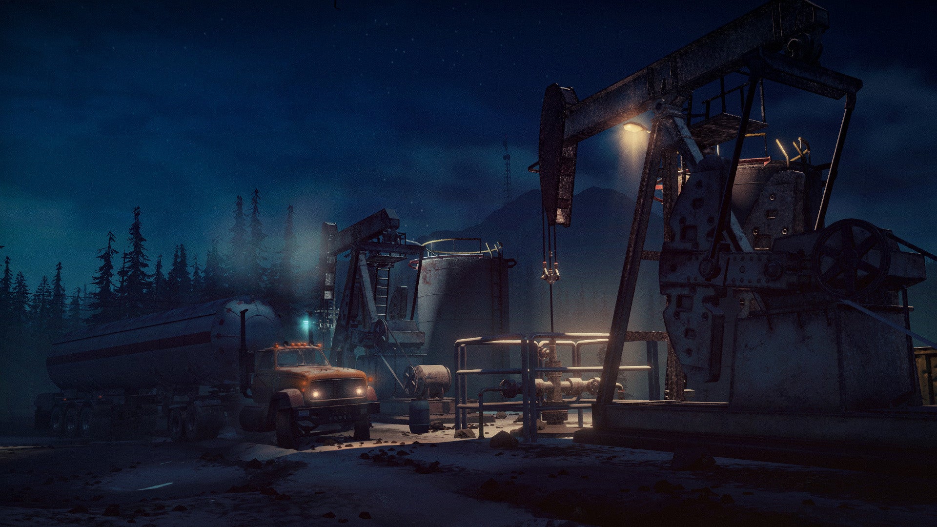 Oil rig and trucks at night in a snowy landscape