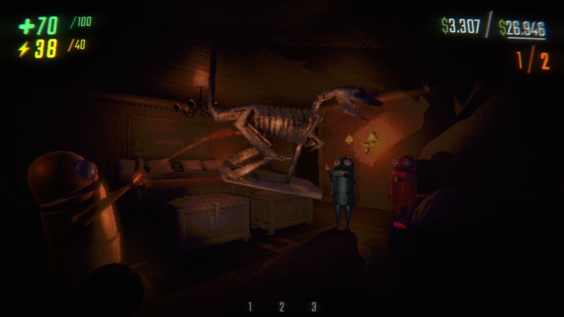Dark room with a skeleton and two characters, possibly from a video game.