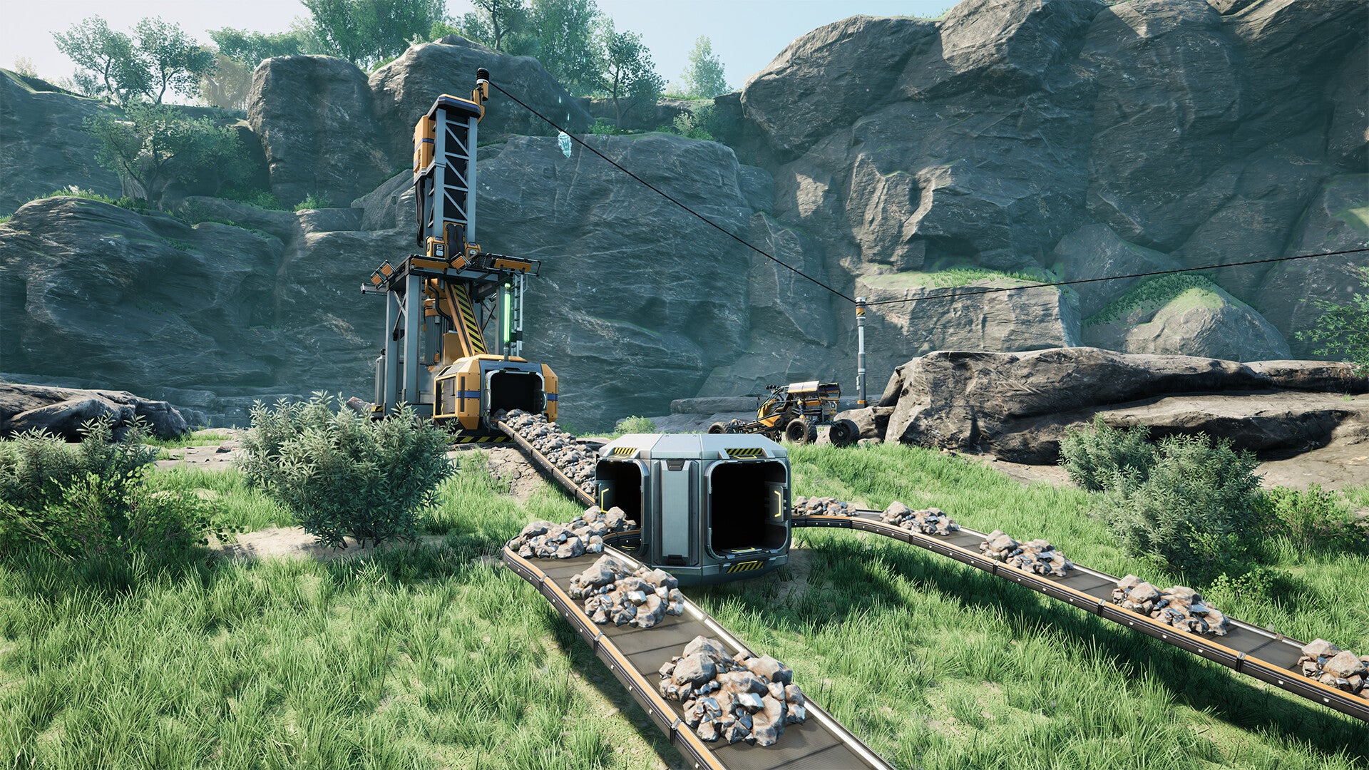 Mining operation with a large excavator and train in a rocky landscape