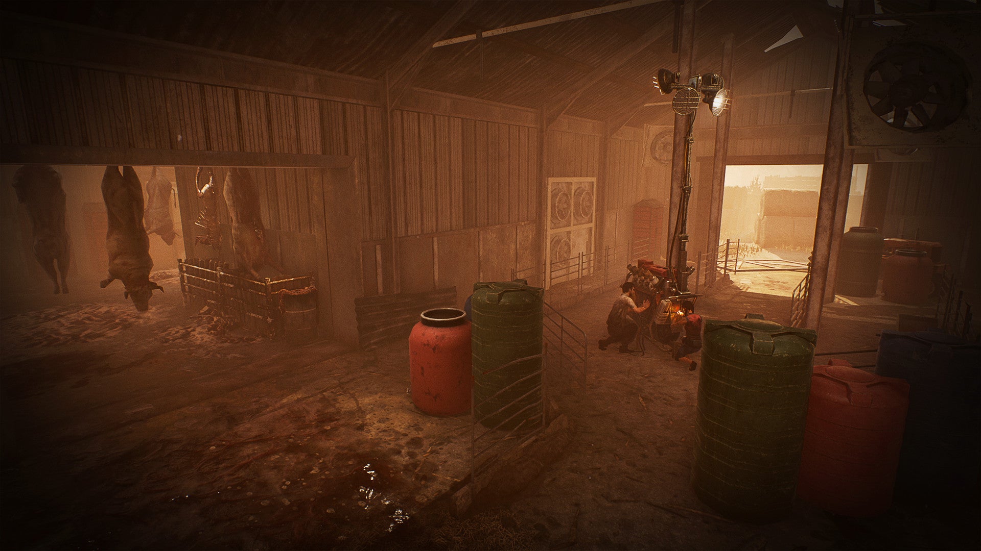 Dusty interior of a wooden cabin with various items and a window showing a snowy landscape.