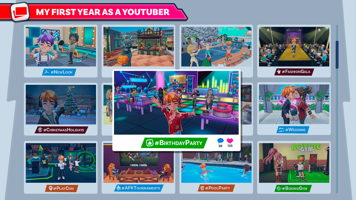 Collage of various virtual rooms and scenes with a central character, likely from a video game or simulation.