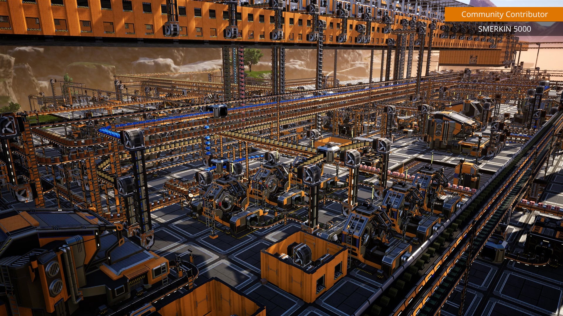 Simulated factory layout with machinery and conveyor belts in a video game setting.