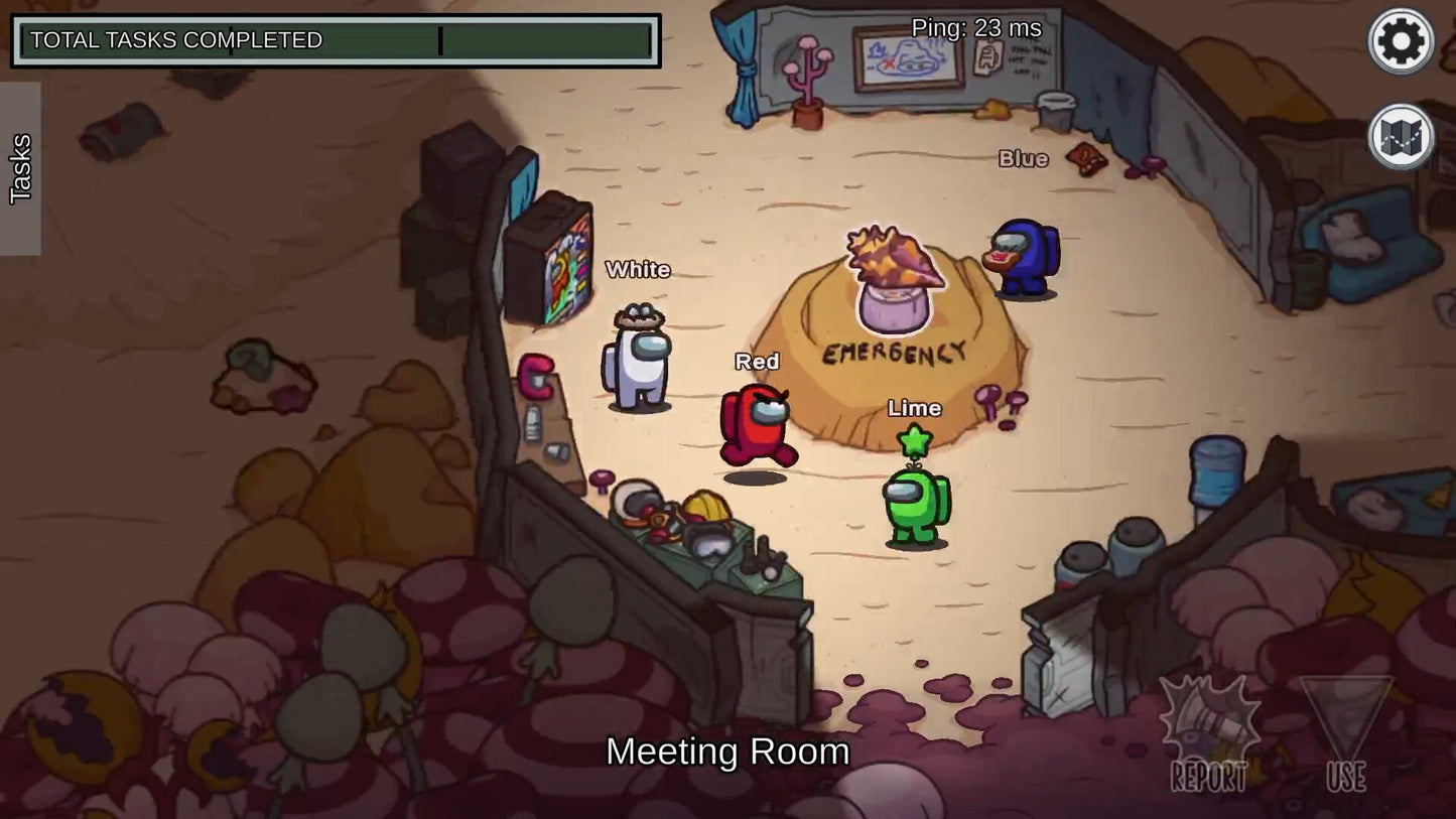 Game screen showing a room with characters and objects, including a 'Meeting Room' label.