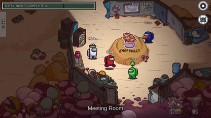 Game screen showing a room with characters and objects, including a 'Meeting Room' label.
