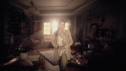 Person standing in a dimly lit room with sunlight streaming through a window