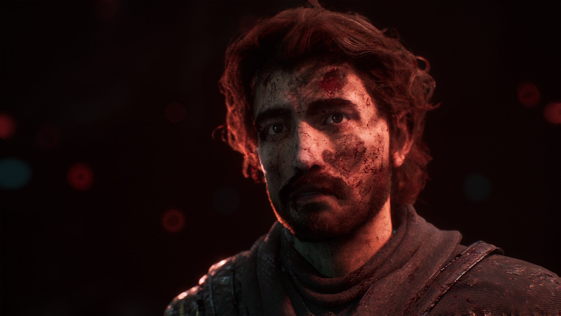 Character with a serious expression against a dark background