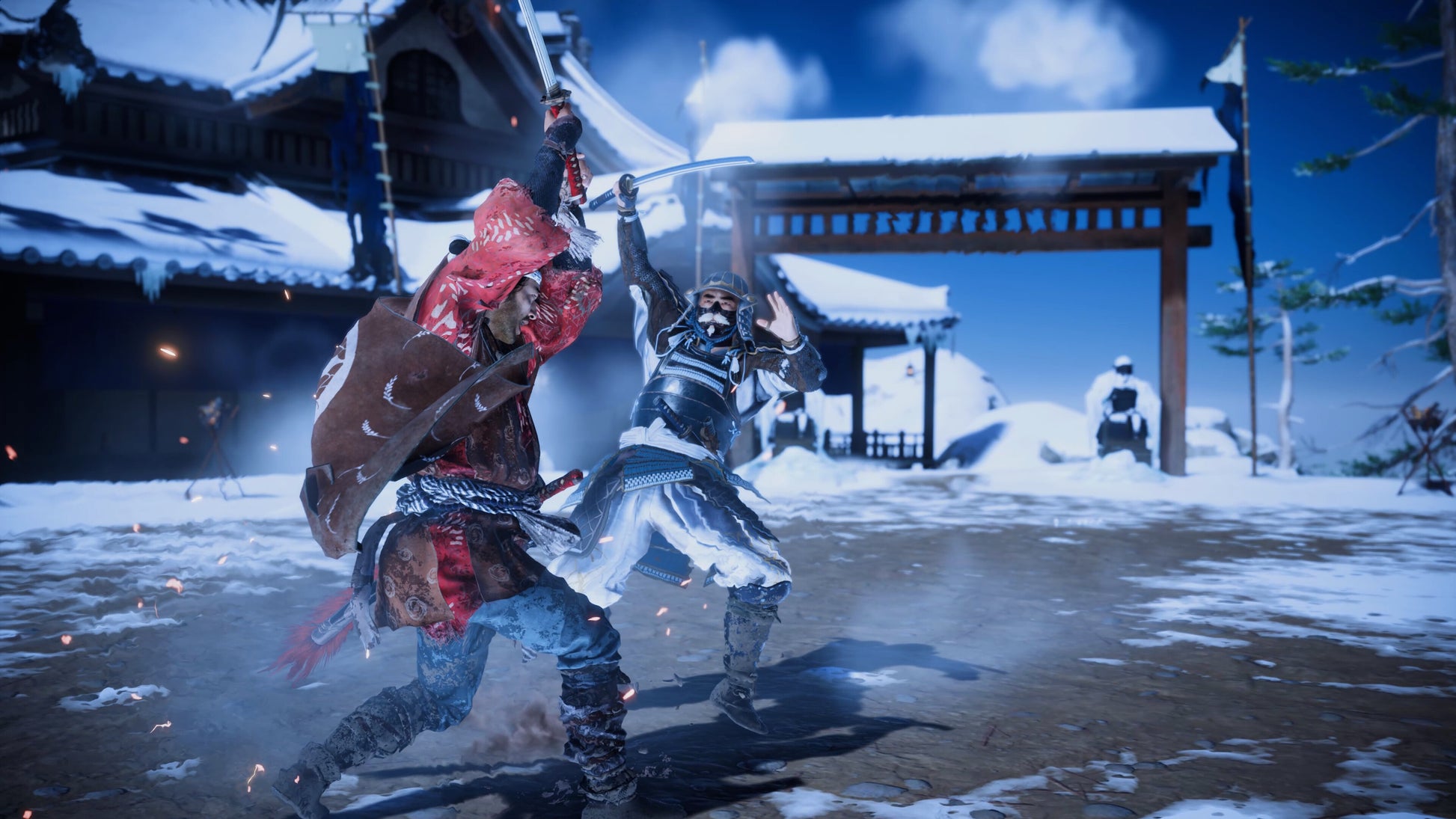 Two characters in a snowy, traditional Japanese setting with a large weapon.