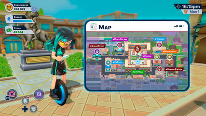 Character on a hoverboard with a map interface displayed on a tablet in a virtual environment.