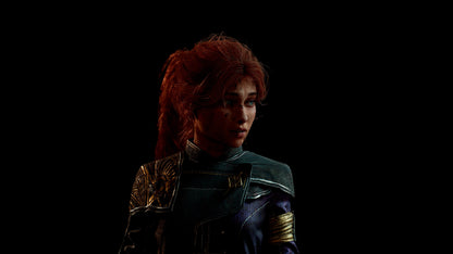 Person with red hair wearing a futuristic outfit against a black background